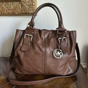 Michael Kors Tote Purse Handbag Chocolate Brown Leather Silver Tone Charm Buckle
